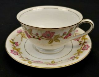 Valmont China Briar Rose Tea Cup And Saucer Pink Floral W/ Gold Trim Vintage
