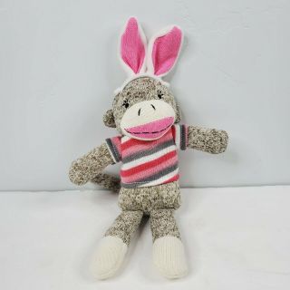 Dandee 12 " Sock Monkey W Bunny Ears Plush Easter Pink Gray Stripe Stuffed Animal