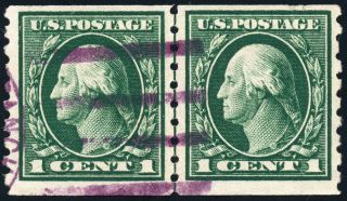 Us 412 1¢ 1912 George Washington Perf 8½ Horizontal Coil Line Pair F - Vf