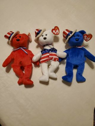 Ty Bb Set Of 3 - Sam 2003 Red,  White,  Blue Bear Uncle Sam Hat W/ear Tag