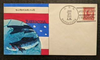 1941 Hand Painted Uss Barracuda Submarine Weigand Portsmouth Nh Naval Cover