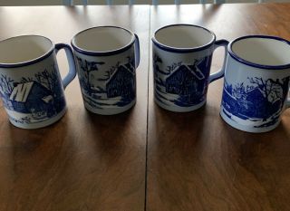 Vintage Set Of 4 Coffee Mug/cup Blue On Blue Barn Winter Scene - Made In Japan