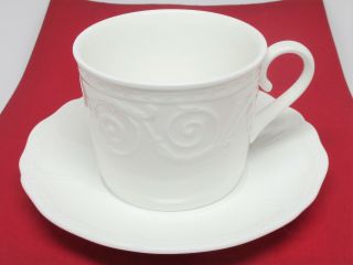 Wedgwood Traditions Cup & Saucer Set (s) White Embossed Scrolls England