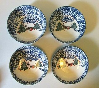 Set Of 4 Tienshan Folk Craft Cabin In The Snow Cereal Soup Bowls Blue Sponge
