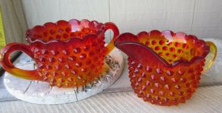 Vintage Hobnail Amberina Glass Cream Pitcher & Sugar Bowl Coffee Tea Set