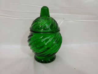Vintage Dark Green Glass Sugar Dish With Lid And Spoon