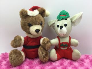 Fun Farm Dakin Christmas Holiday Plush 1979 Mouse And 1980 Santa Teddy Bear 8”