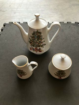 Tienshan Fine China Teapot/coffee Pot,  Sugar Bowl And Creamer - Christmas