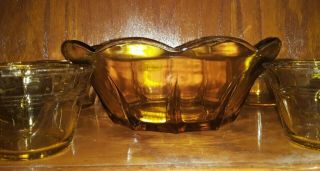 Vintage Amber Glass Serving Bowl And 6 Mini Bowls.  Sun Shape,  Mexico Made.