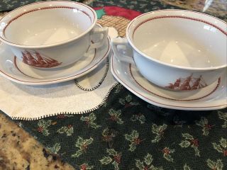 Set Of 2 Wedgwood Flying Cloud Rust Soup Bowls And Saucers Double Handle
