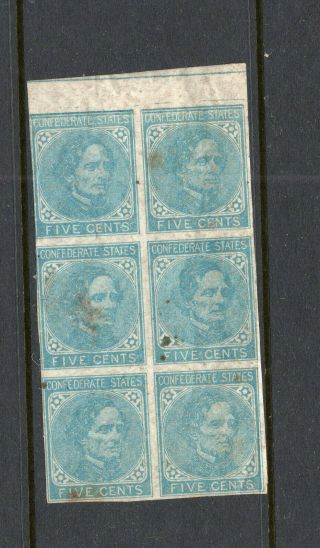 1862 Us Confederate States Block Of 6 Stamps Csa 6 De La Rue 5c Id 598