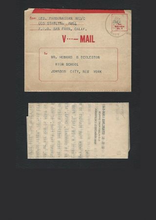 1945 Uss Starling Vmail Lettersheet.  China - Usa.  " We Shot Dn 3 Jpn Suicide Planes "