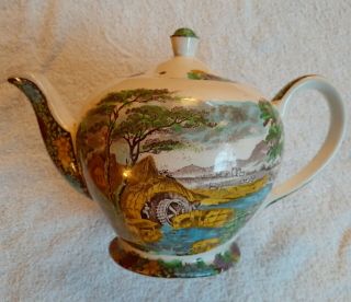 Vintage Sadler Made In England Ceramic Teapot " The Old Mill " Transferware Design