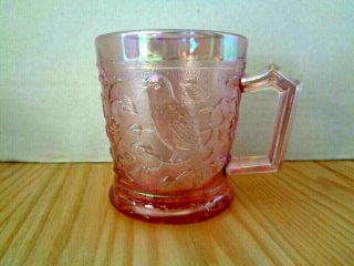 Lenox Imperial Glass Pink Iridescent Carnival Glass Robin Bird Cup Mug 10 0z