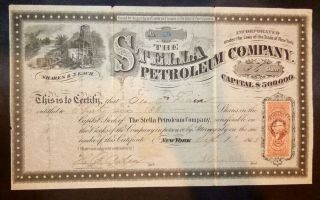 1865 The Stella Petroleum Company Stock Certificate With Power Of Attorney Stamp