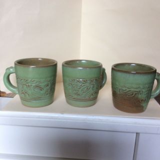 3 - Vintage Frankoma Green Aztec Mugs 3 1/8” 7c