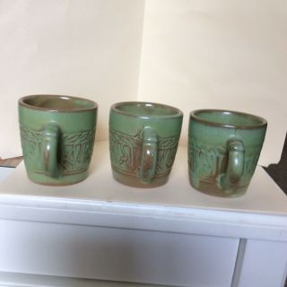3 - Vintage Frankoma Green Aztec Mugs 3 1/8” 7C 2