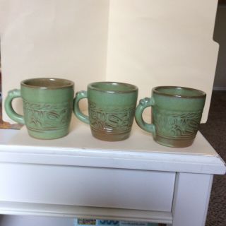 3 - Vintage Frankoma Green Aztec Mugs 3 1/8” 7C 3