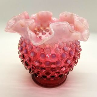 Fenton Cranberry Opalescent Hobnail Small Ruffled Vase - 4.  25 " Tall X 5 " Diam