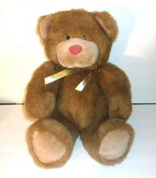 Soft Dreams Brown Teddy Bear Gold Ribbon Bow Pink Nose Plush Stuffed Animal 15 "