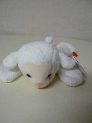 Ty Beanie Baby Fleece Plush White Lamb Lying Flat With Brown Face