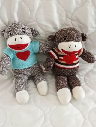 Dan Dee Sock Monkey 9” Gray & Brown Knit Blue & Striped Sweater Red Heart