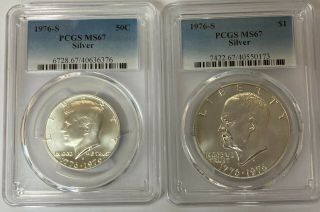 1976 - S Silver Kennedy 50c Pcgs Ms67 & Ike $1 Pcgs Ms67 (2 Coin Set)