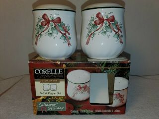 Corelle Callaway Holiday Christmas Salt Pepper Shakers Box Ivy Red Bow Stoneware