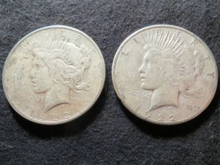 Two Peace Silver One Dollar Coins 1922 D 1922 S $1 Round Fine Liberty Usa