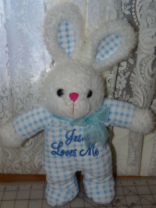 Dandee Blue/white Checked Bunny Plays Jesus Loves Me Plush Soft Toy Heart Nose