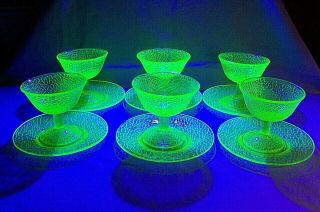 Smith Glass,  By Cracky Green Vaseline/uranium Crackle Glass 2 Pc.  Sherbet Set