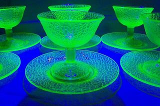 Smith Glass,  By Cracky Green Vaseline/Uranium Crackle Glass 2 Pc.  Sherbet Set 3