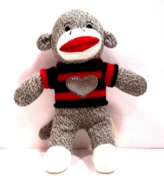Dan Dee Sock Monkey 9 1/2 " Brown Heart Decorated Black And Red Striped Sweater