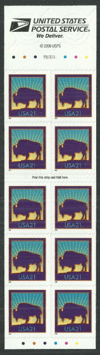 Scott 3484ag,  The 2001 21¢ Bison Fold - It - Yourself Booklet Pane Of 10