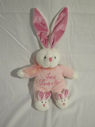 Dandee Pink White " Jesus Loves Me " Bunny Rabbit Singing Plush