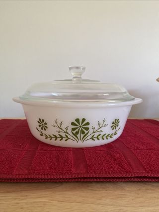 Vintage Glasbake Green Crazy Daisy Casserole Baking Dish 1 1/2 Qt With Lid J2600
