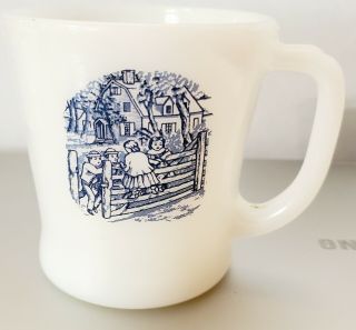 Vintage Currier And Ives White Milk Glass D Handle Coffee Mugs Cups Blue Image