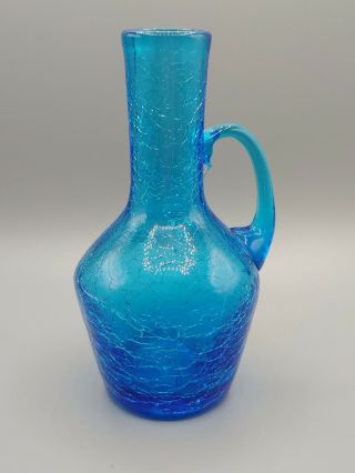 Hand Blown Small Crackle Glass Blue Cruet/pitcher Applied Handle