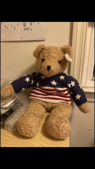 Ty Beanie Knit 1991 Vintage Stars & Stripes Forever Large Curly Teddy Bear 26 "