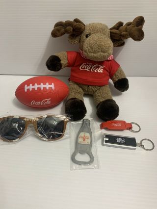 Coca - Cola Moose Holiday Plush 8 " Keychains Bottle Opener Football Sun Glasses