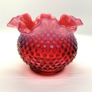 Fenton Cranberry Opalescent Hobnail Crimped/ruffled Vase - 4.  75 " T X 6.  5 " Diam