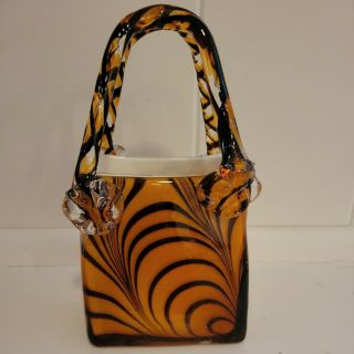 Murano Block Crystal Tiger Striped Hand Blown Art Glass Purse Handbag Vase