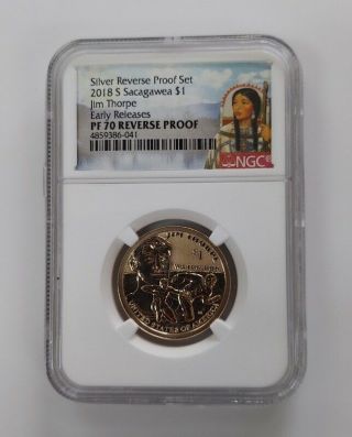 2018 - S Pf70 Reverse Proof Early Release Jim Thorpe Sacagawea $1 Dollar Coin