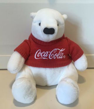 Coca - Cola 10 " Polar Bear Plush W/ Sweater Coke Bean Bottom Stuffed Toy Guc