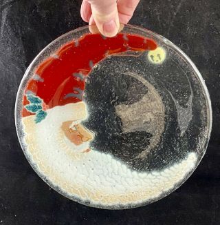 Peggy Karr Fused Art Glass Crescent Moon Santa Plate Christmas 7.  5” 2