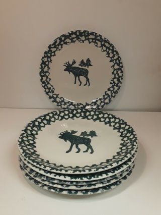 Folk Craft Moose Country Tienshan Set Of 6 Dinner Plates 10 1/2 " Green Sponge Bm