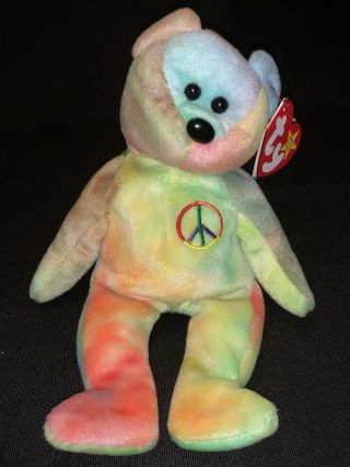 Rare,  Ty Beanie Baby Peace Bear,  1996 Retired,  With Errors,  Pe Pellets Must Sell