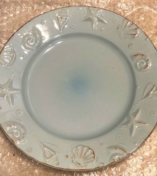 1 - Thomson Pottery Cape Cod Rustic Blue Embossed Shell Dinner Plate Glaze Bubble