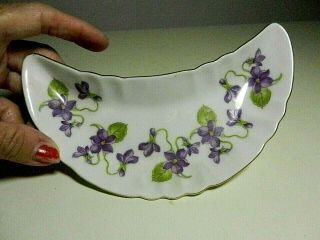 Gilt Edge Hand Painted Violets Crescent Shape Bone Dish - Old Nuremberg - Germany