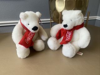 ￼coca - Cola Coke Two Plush Polar Bear Stuffed Animal With Red Scarf